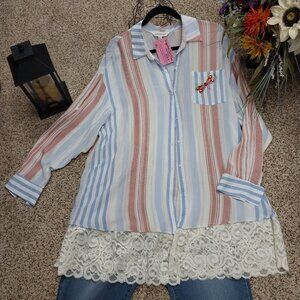 3755 Size XL Upcycled Davi & Dani Tunic in Red & Blue Stripe.